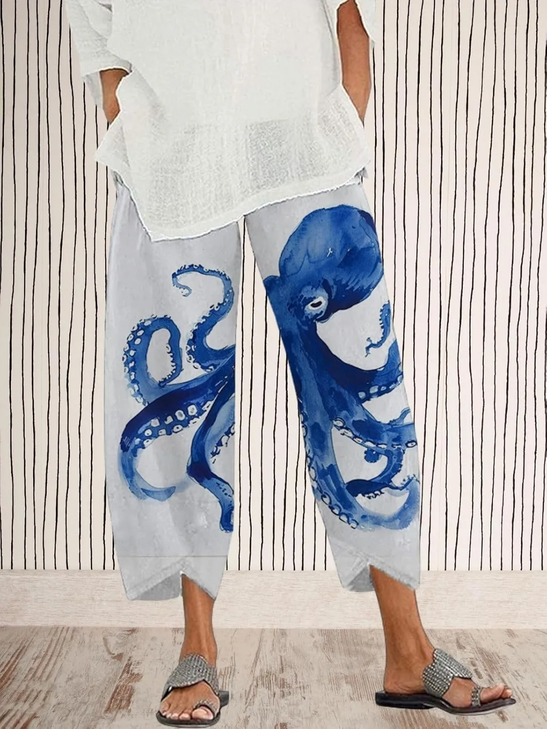 Capris Linen Pants for Women Ocean Japanese Art Printed Baggy Cropped Wide Leg Pallazzo Trousers Pants for Beach