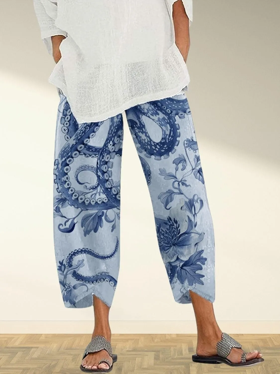 Capris Linen Pants for Women Ocean Japanese Art Printed Baggy Cropped Wide Leg Pallazzo Trousers Pants for Beach