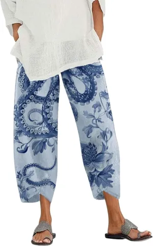 Capris Linen Pants for Women Ocean Japanese Art Printed Baggy Cropped Wide Leg Pallazzo Trousers Pants for Beach