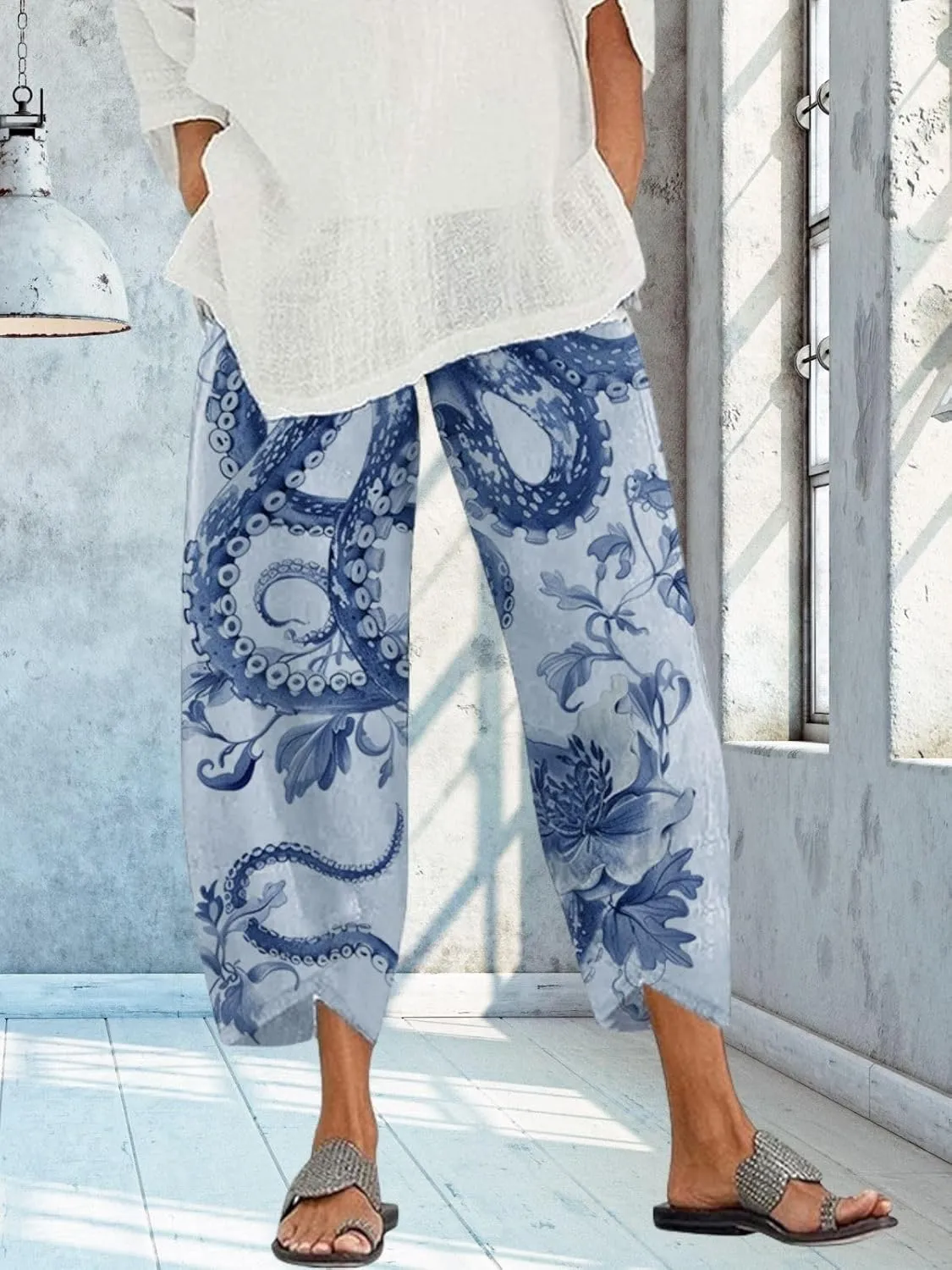 Capris Linen Pants for Women Ocean Japanese Art Printed Baggy Cropped Wide Leg Pallazzo Trousers Pants for Beach