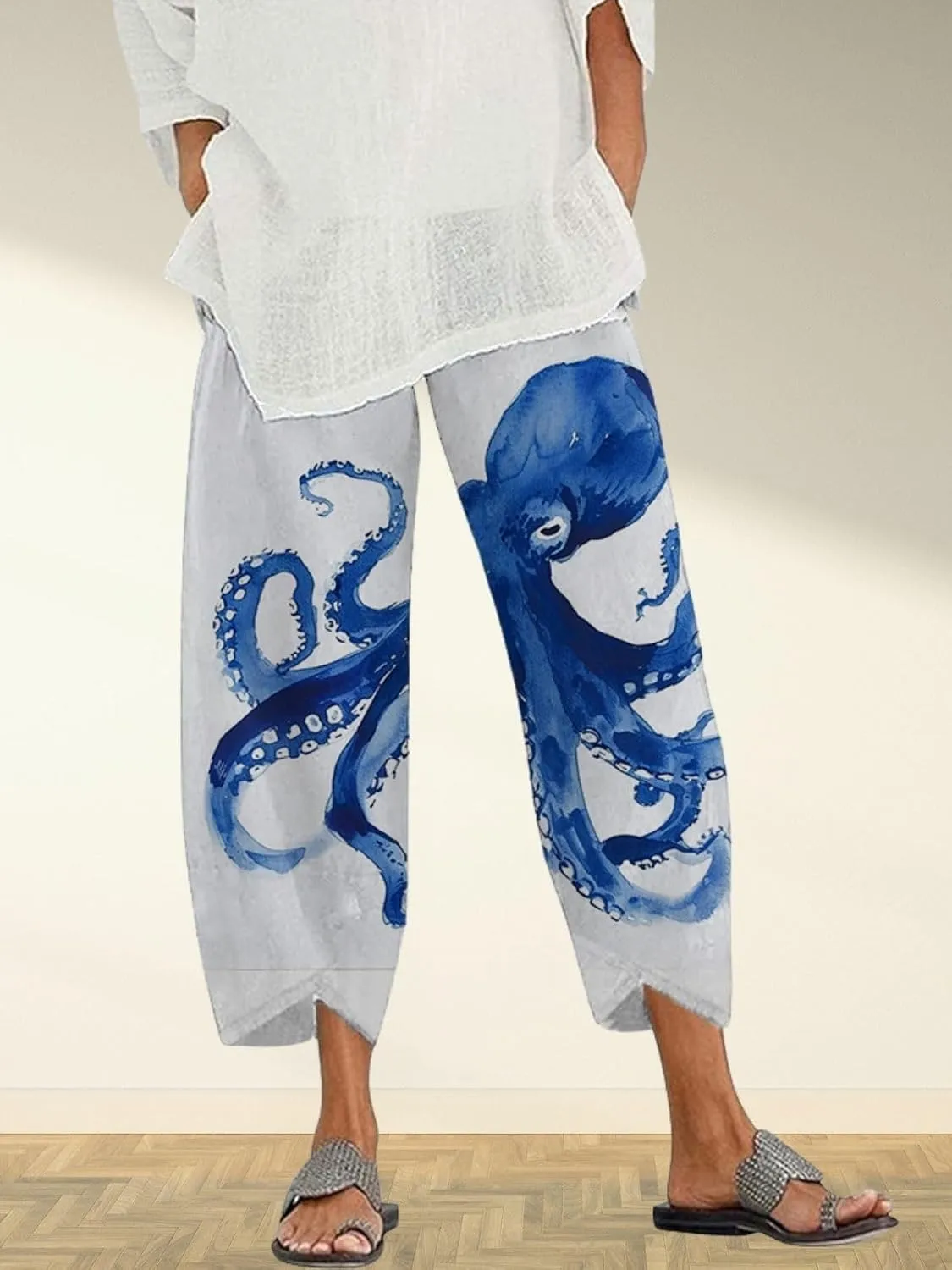 Capris Linen Pants for Women Ocean Japanese Art Printed Baggy Cropped Wide Leg Pallazzo Trousers Pants for Beach