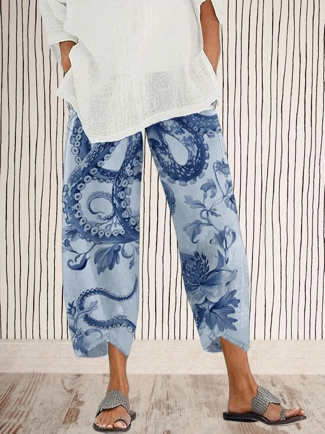 Capris Linen Pants for Women Ocean Japanese Art Printed Baggy Cropped Wide Leg Pallazzo Trousers Pants for Beach