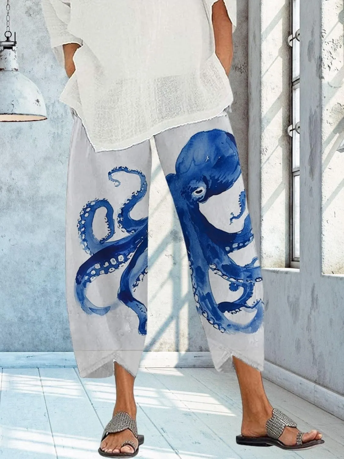 Capris Linen Pants for Women Ocean Japanese Art Printed Baggy Cropped Wide Leg Pallazzo Trousers Pants for Beach