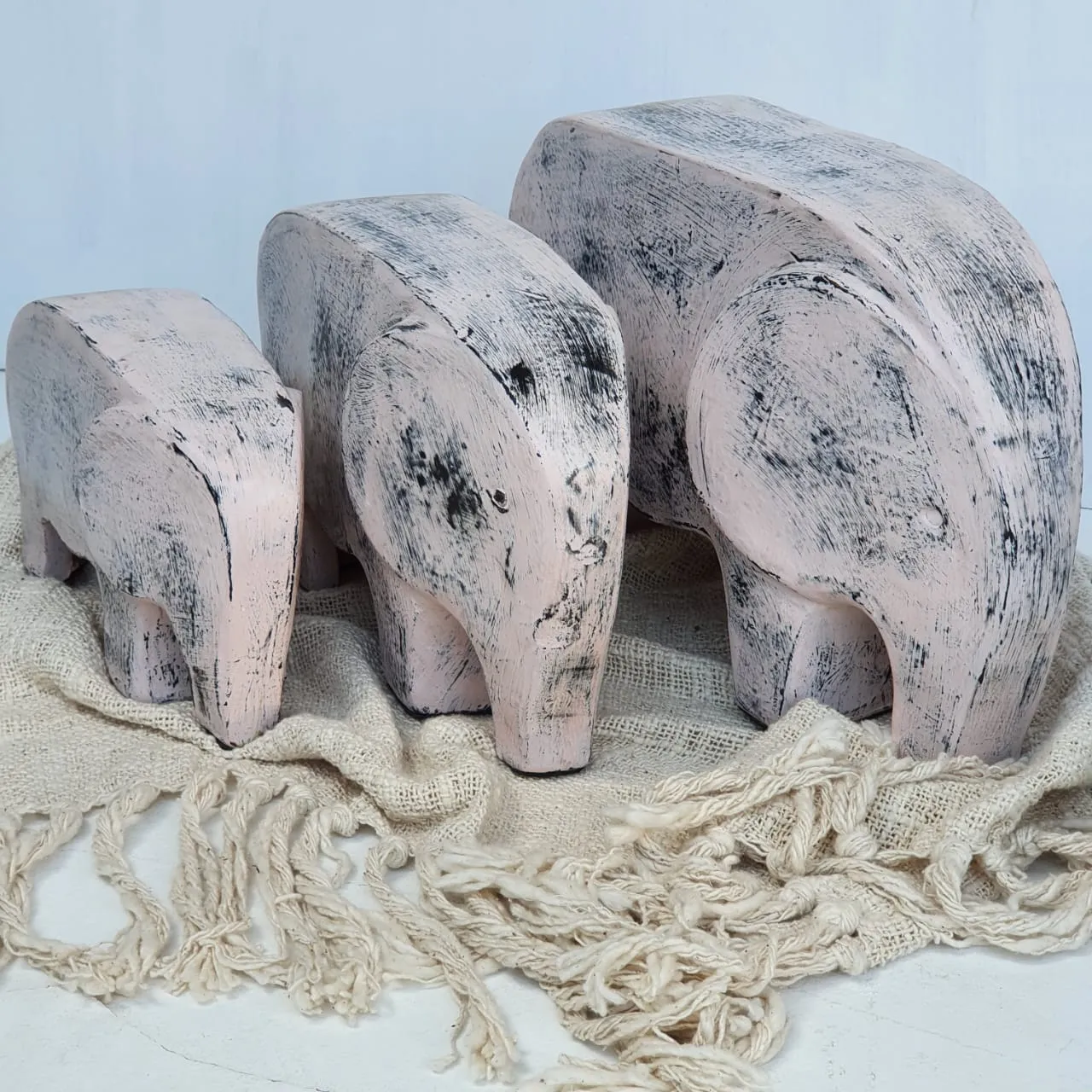 Carved Pottery Elephant Decor Set