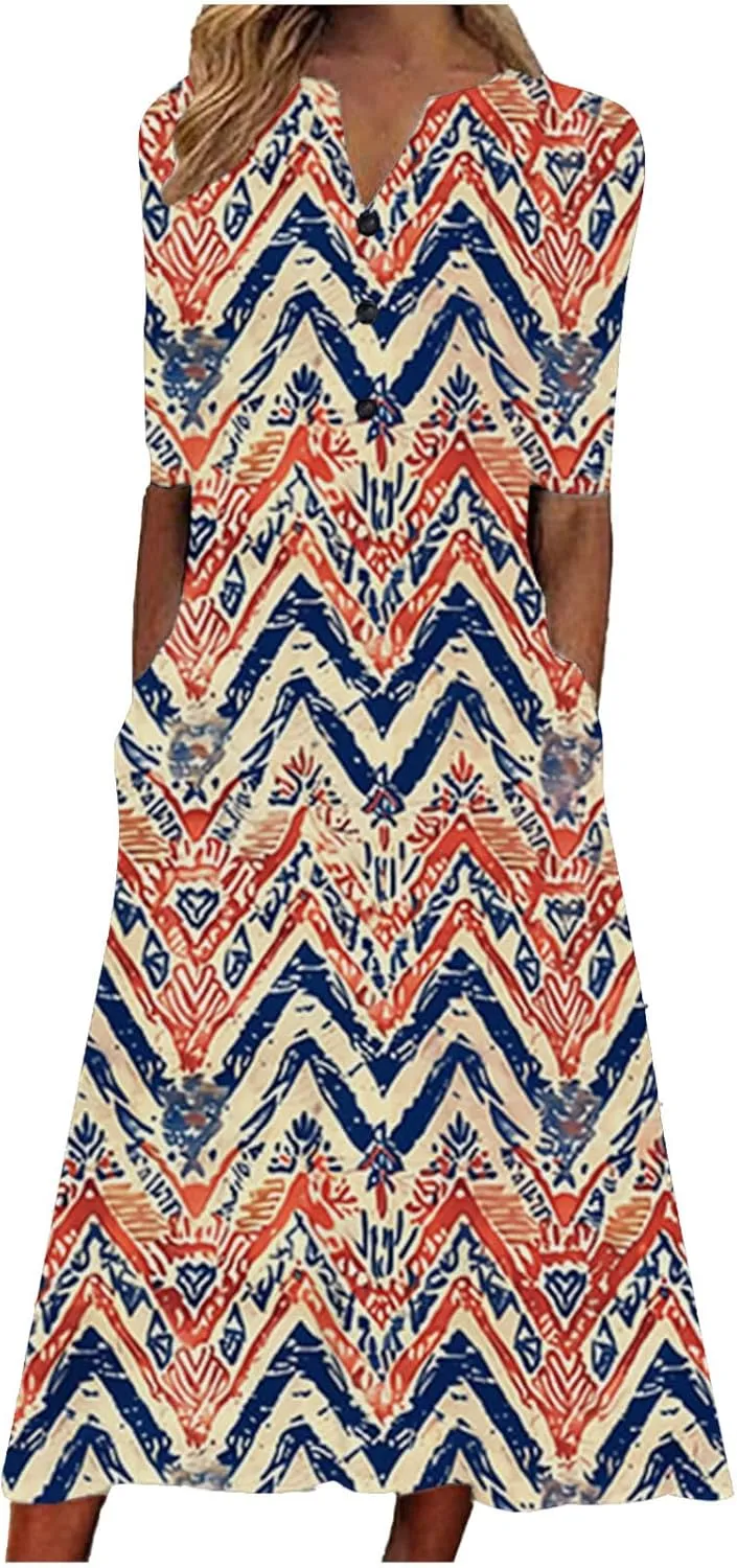 Casual Boho Dresses for Women 2025 Summer Retro Print Midi Tshirt Dress Loose Flowy Beach Long Dresses with Pockets