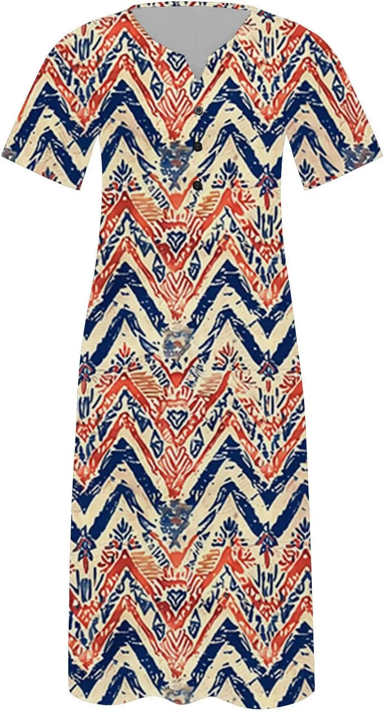 Casual Boho Dresses for Women 2025 Summer Retro Print Midi Tshirt Dress Loose Flowy Beach Long Dresses with Pockets