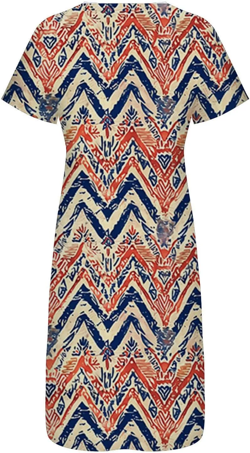 Casual Boho Dresses for Women 2025 Summer Retro Print Midi Tshirt Dress Loose Flowy Beach Long Dresses with Pockets