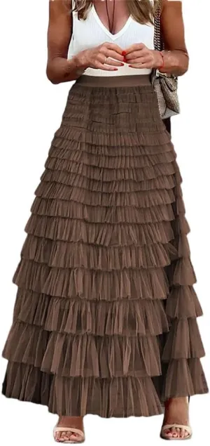 Casual Womens Solid Long Skirt Tulle High Waist Pleated Skirt Ladies Wild Mesh Maxi Skirts