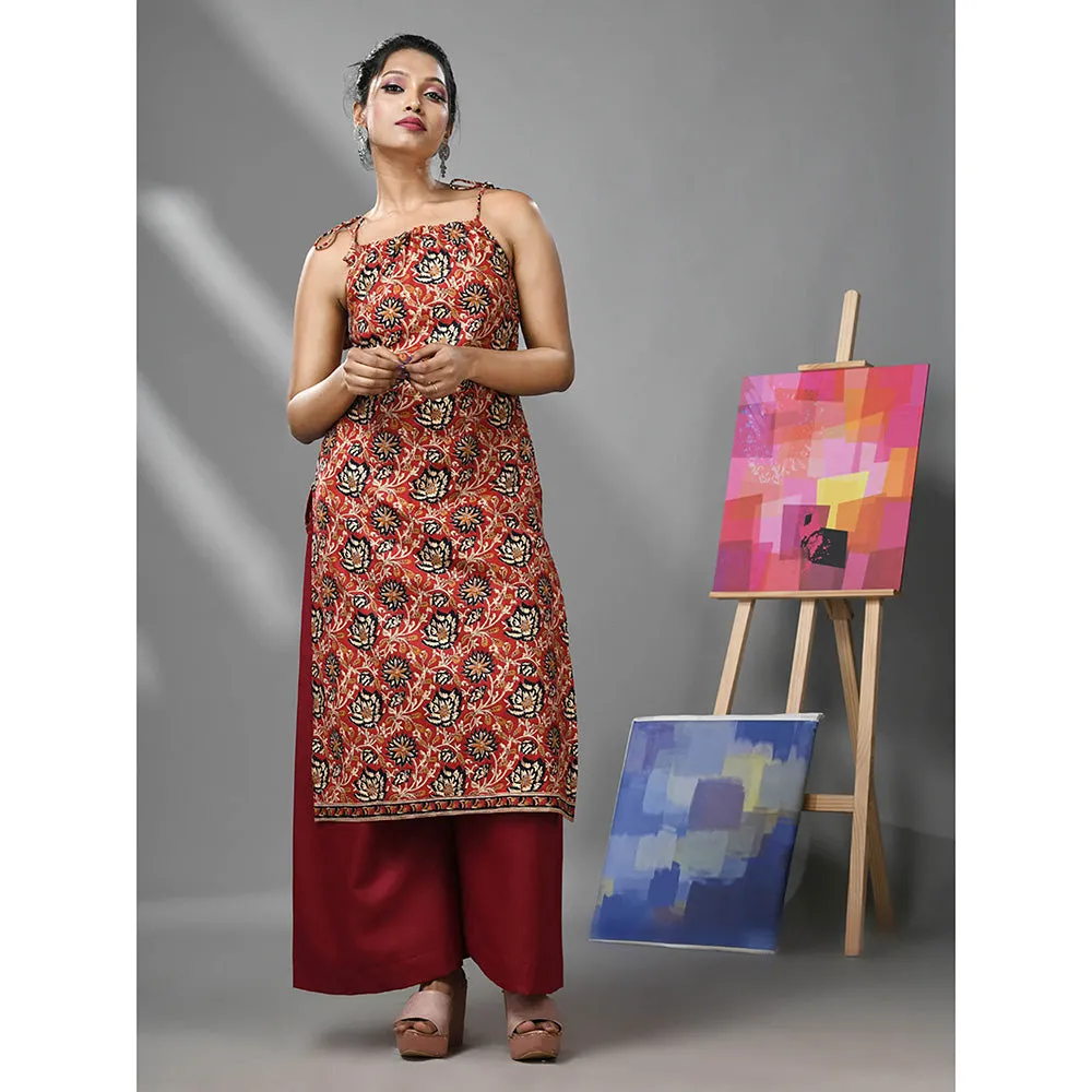 CHARUKRITI Dark Red Cotton Floral Printed Kurta with Noodle Straps and Palazzo (Set of 2)