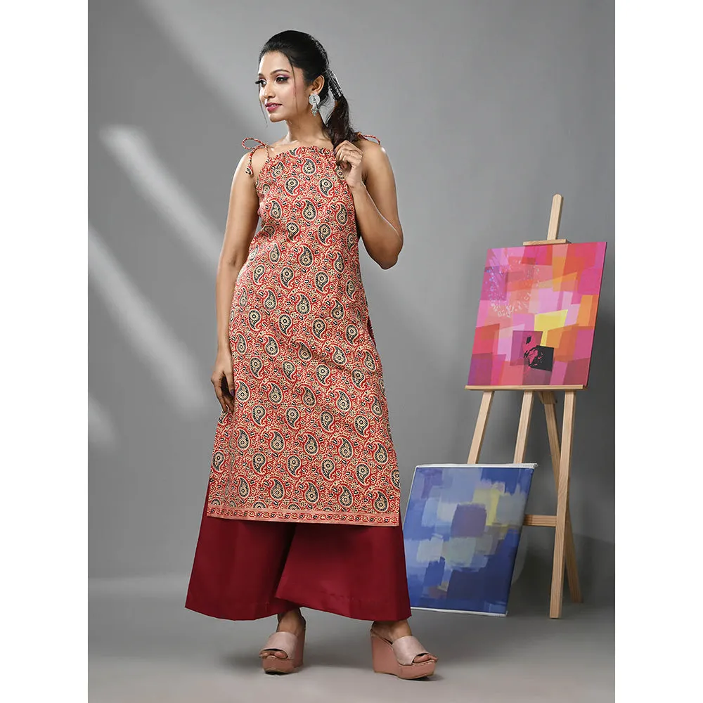 CHARUKRITI Red Cotton Paisley Printed Kurta with Noodle Straps and Palazzo (Set of 2)