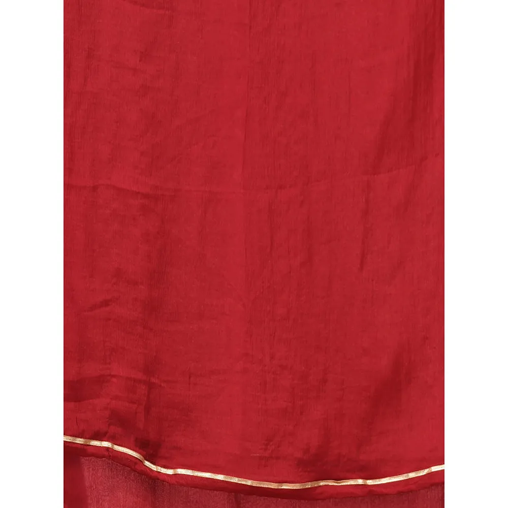 CHARUKRITI Red Georgette Gathered Suit with Dupatta (Set of 3)