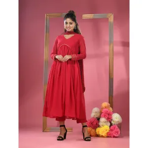 CHARUKRITI Red Georgette Gathered Suit with Dupatta (Set of 3)