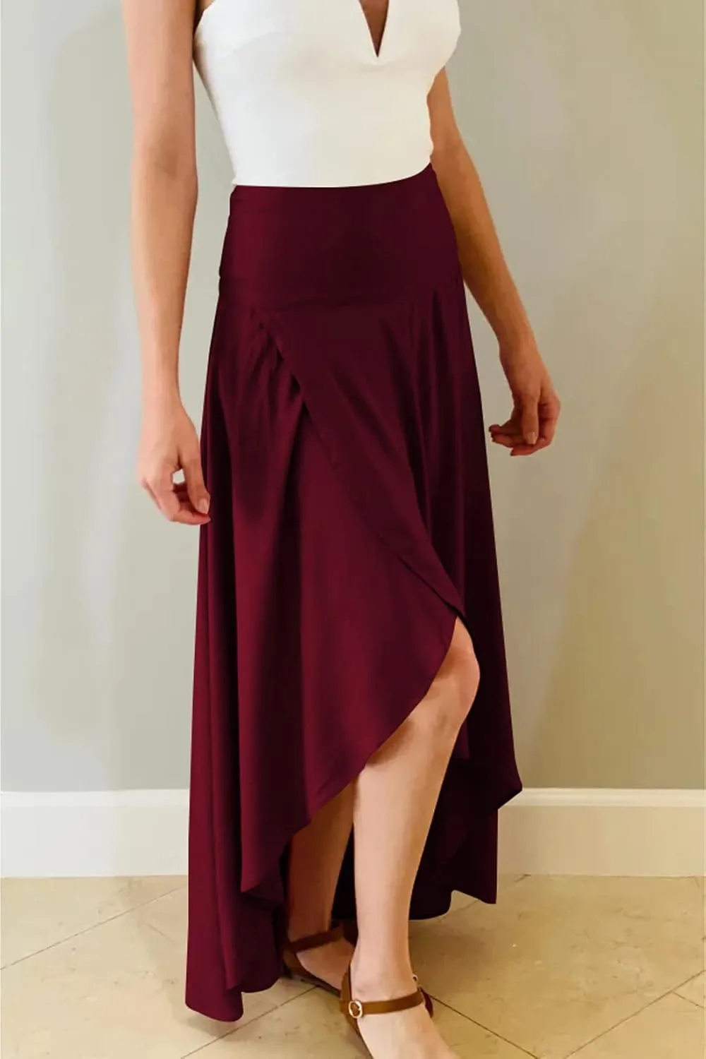 chouyatou Womens Asymmetrical High Low Ruffle Hem Split Maxi Skirts High Wait Flounce Skirt