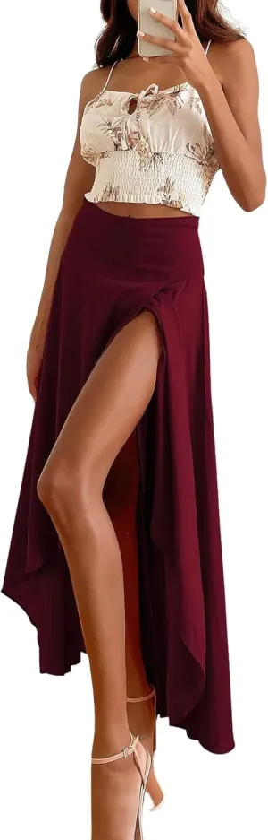 chouyatou Womens Asymmetrical High Low Ruffle Hem Split Maxi Skirts High Wait Flounce Skirt