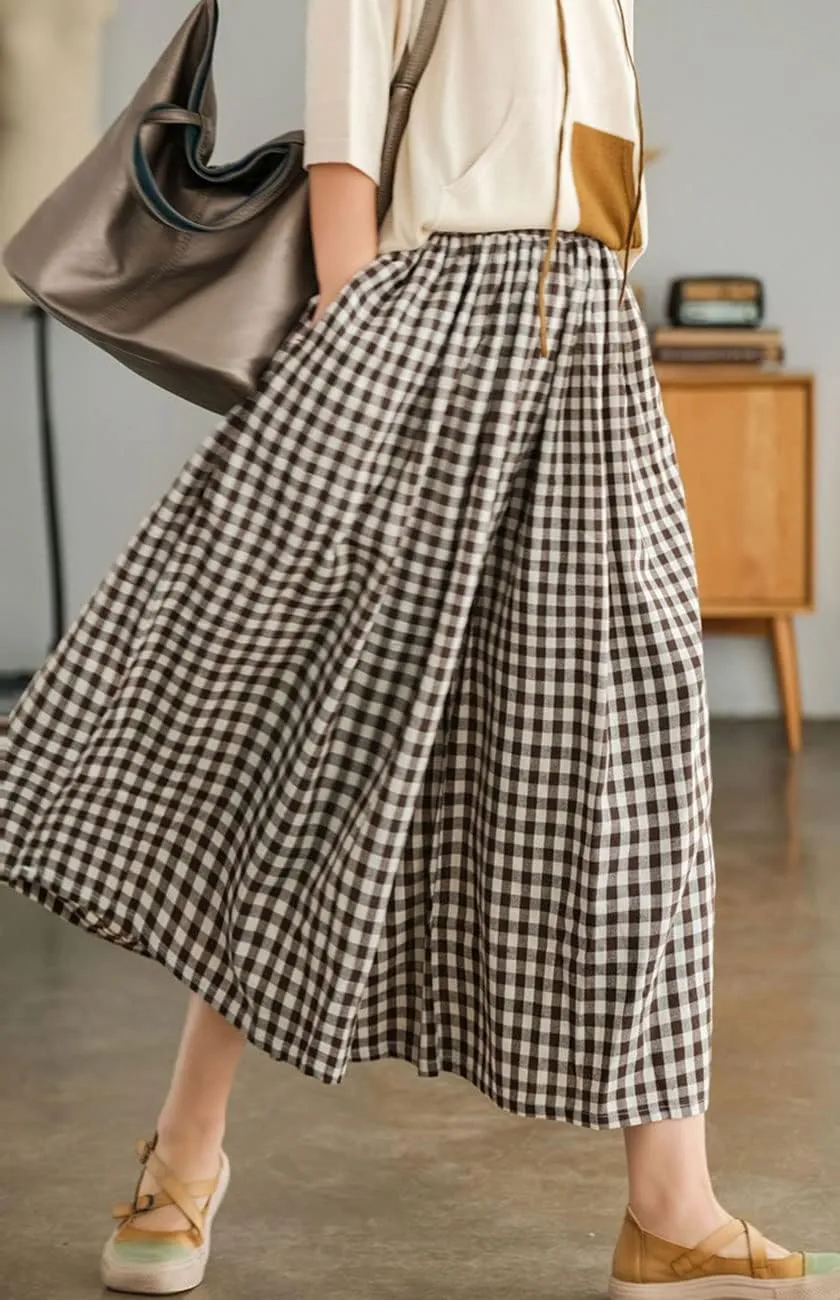 chouyatou Women's Cotton Linen Pants Elastic Waist Plaid Gingham Wide Leg Capri Palazzo Pants