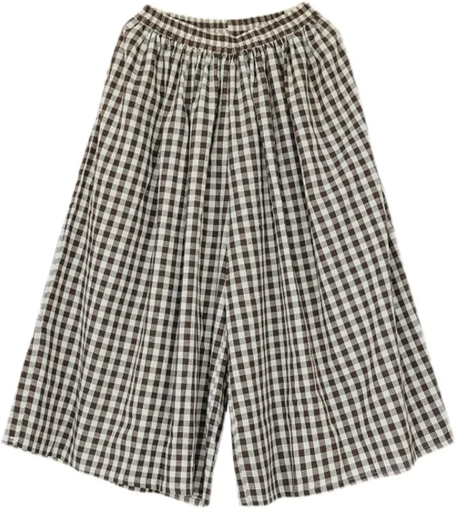 chouyatou Women's Cotton Linen Pants Elastic Waist Plaid Gingham Wide Leg Capri Palazzo Pants