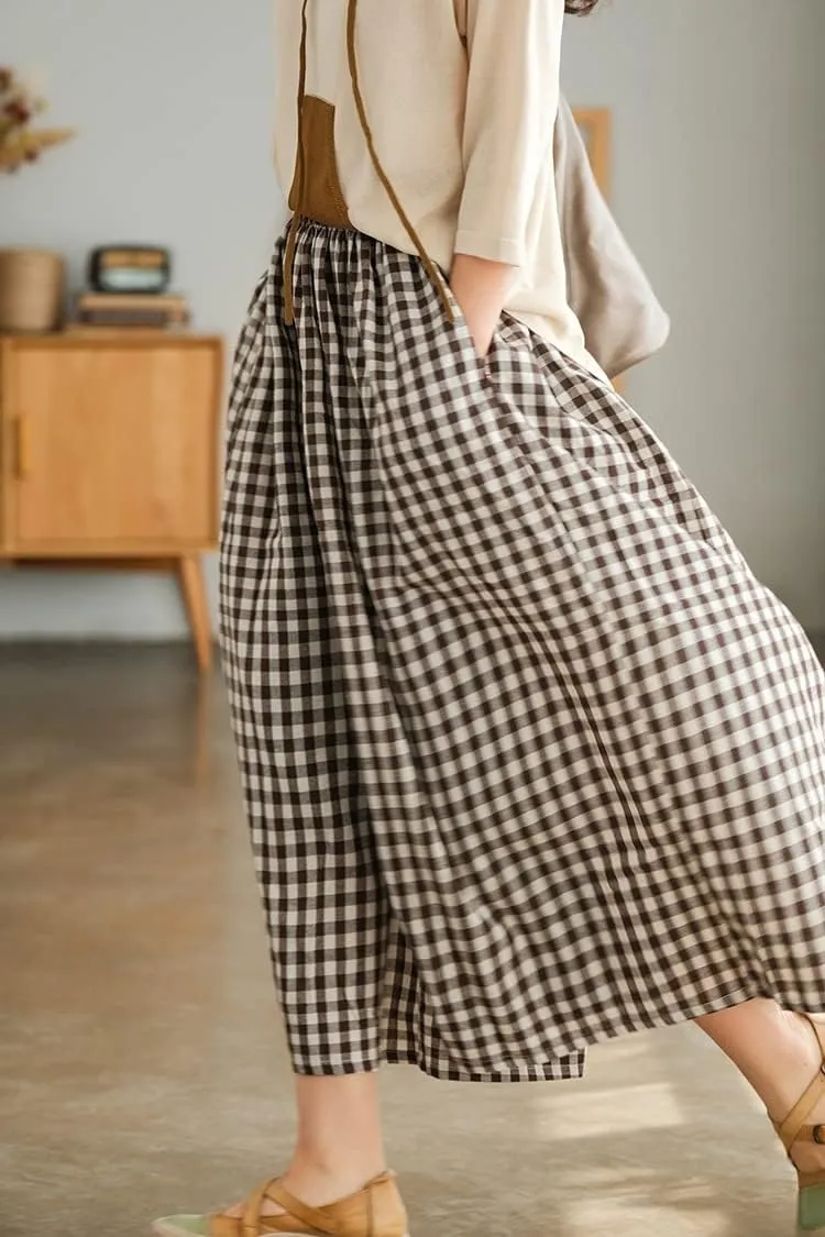 chouyatou Women's Cotton Linen Pants Elastic Waist Plaid Gingham Wide Leg Capri Palazzo Pants