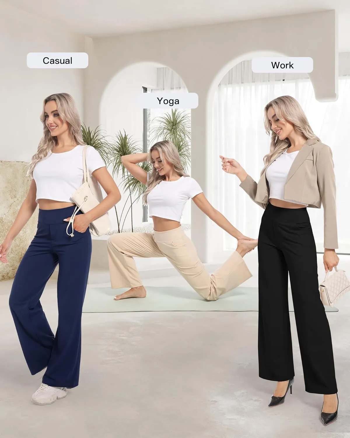 CL convallaria Womens Wide Leg Trouser Yoga Pants with Pockets High Waist Stretchy Work Casual Pant Petite Regular