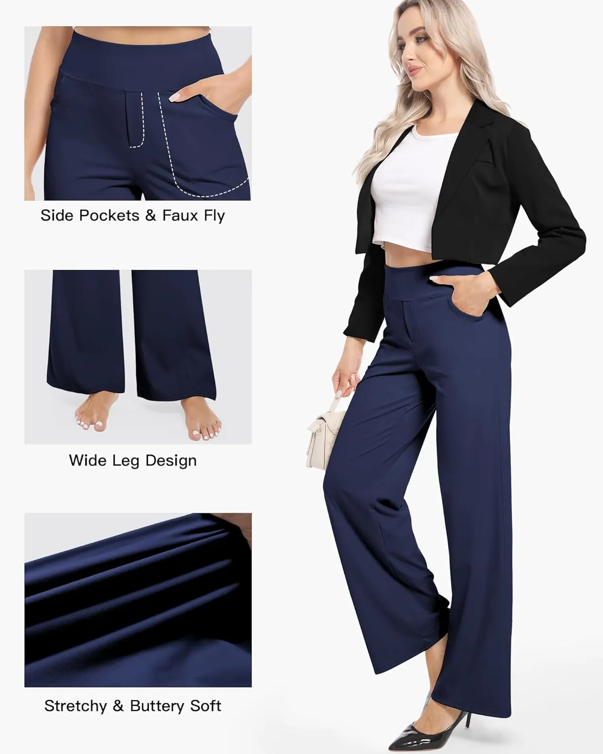 CL convallaria Womens Wide Leg Trouser Yoga Pants with Pockets High Waist Stretchy Work Casual Pant Petite Regular