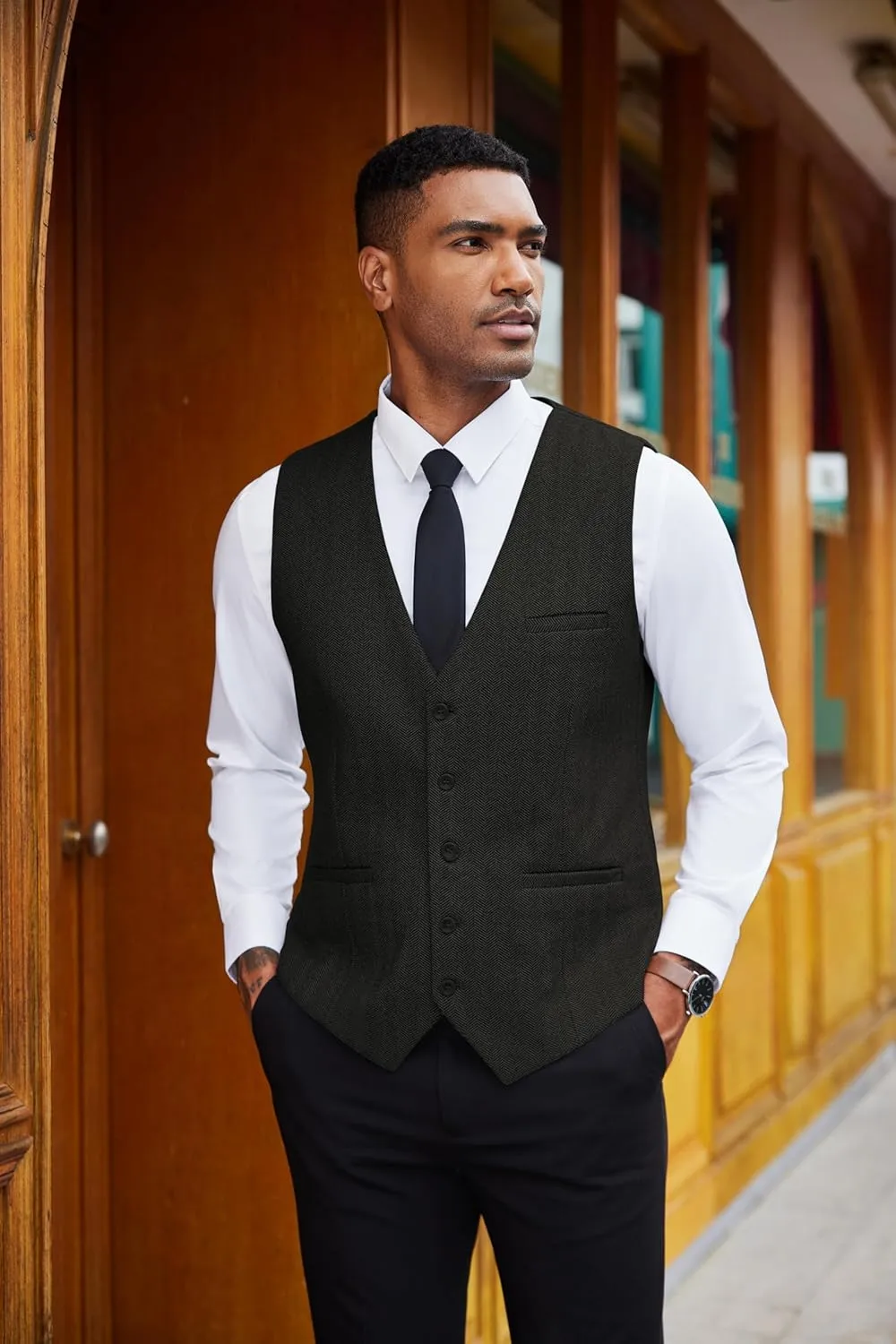 COOFANDY Men's Herringbone Tweed Suit Vests Slim Fit Waistcoat Casual Business Dress Vest