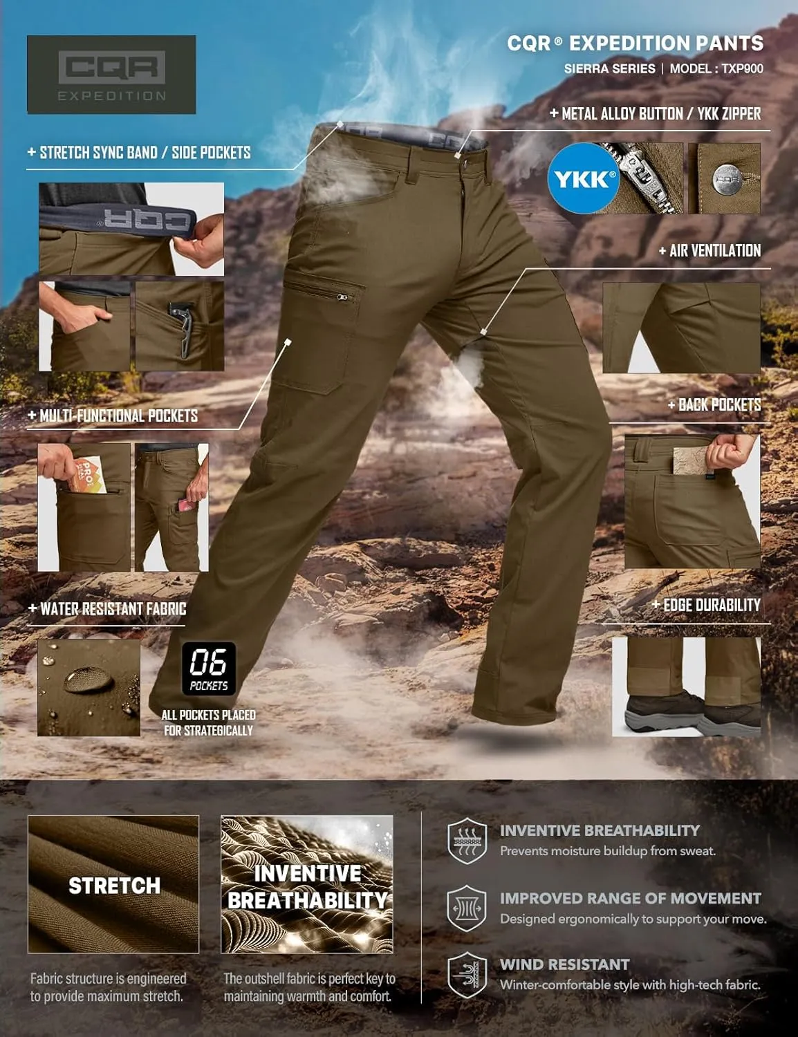CQR Men's Cool Flex Tactical Pants, Water Resistant Lightweight Stretch Cargo Work Hiking Pants