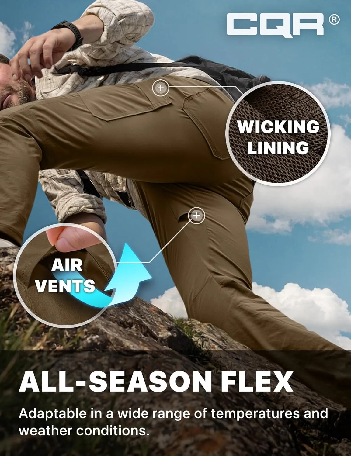 CQR Men's Cool Flex Tactical Pants, Water Resistant Lightweight Stretch Cargo Work Hiking Pants