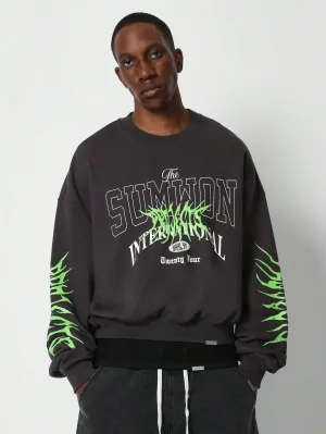 Crop Fit Loop Back Washed Sweatshirt With Sleeve Neon Graphic