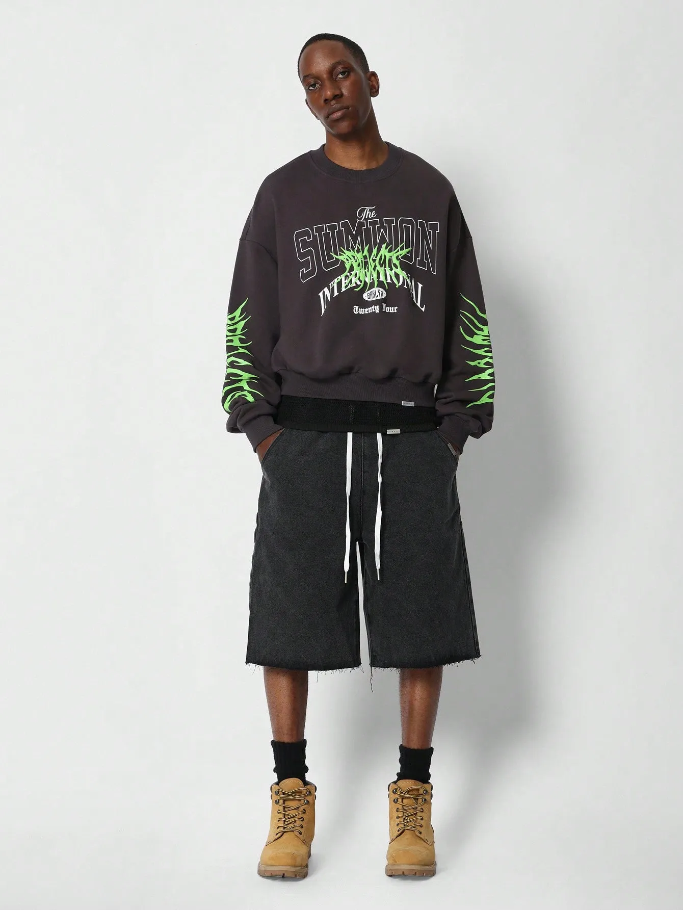 Crop Fit Loop Back Washed Sweatshirt With Sleeve Neon Graphic