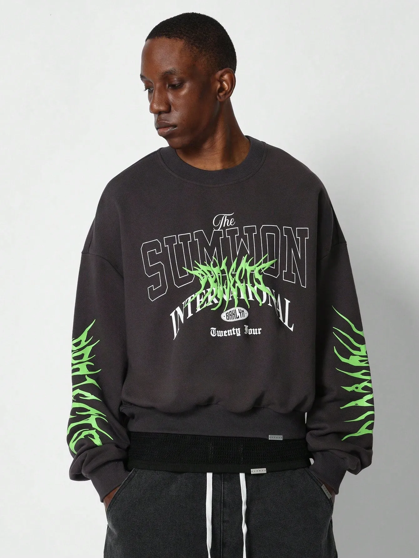 Crop Fit Loop Back Washed Sweatshirt With Sleeve Neon Graphic