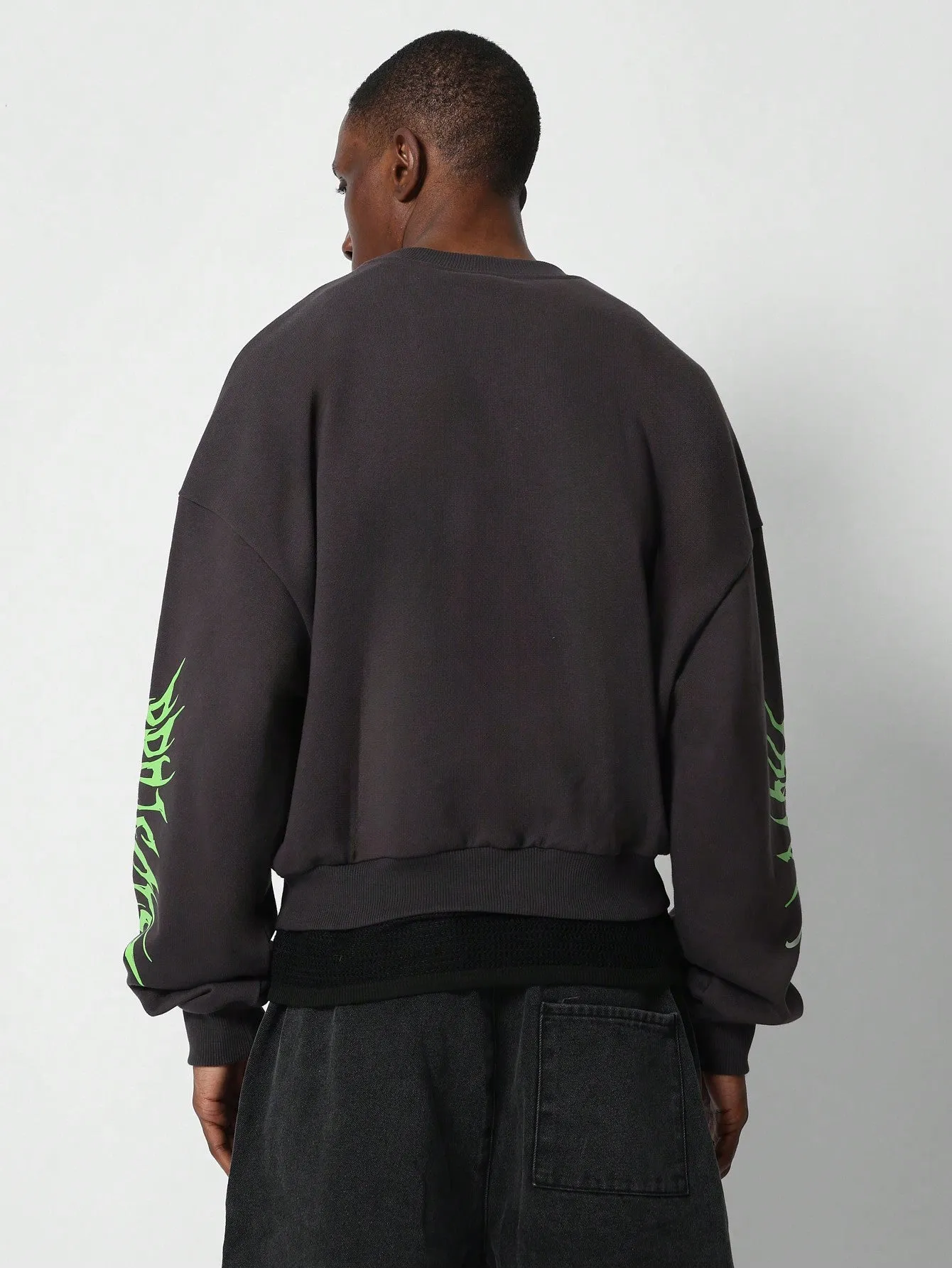 Crop Fit Loop Back Washed Sweatshirt With Sleeve Neon Graphic