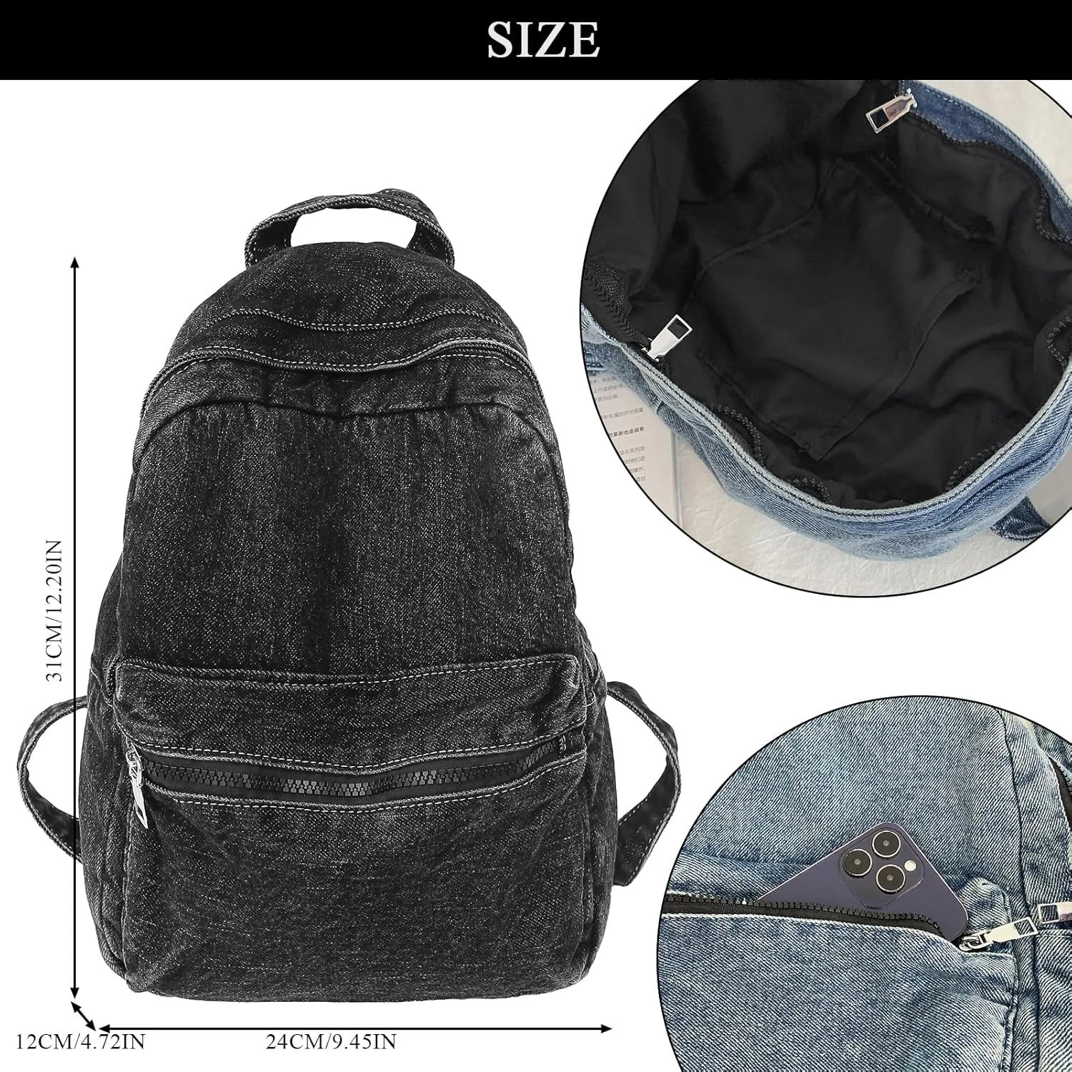 Denim Backpack Purse for Women Small Casual Jean Backpack for Travel Work, Black, One Size