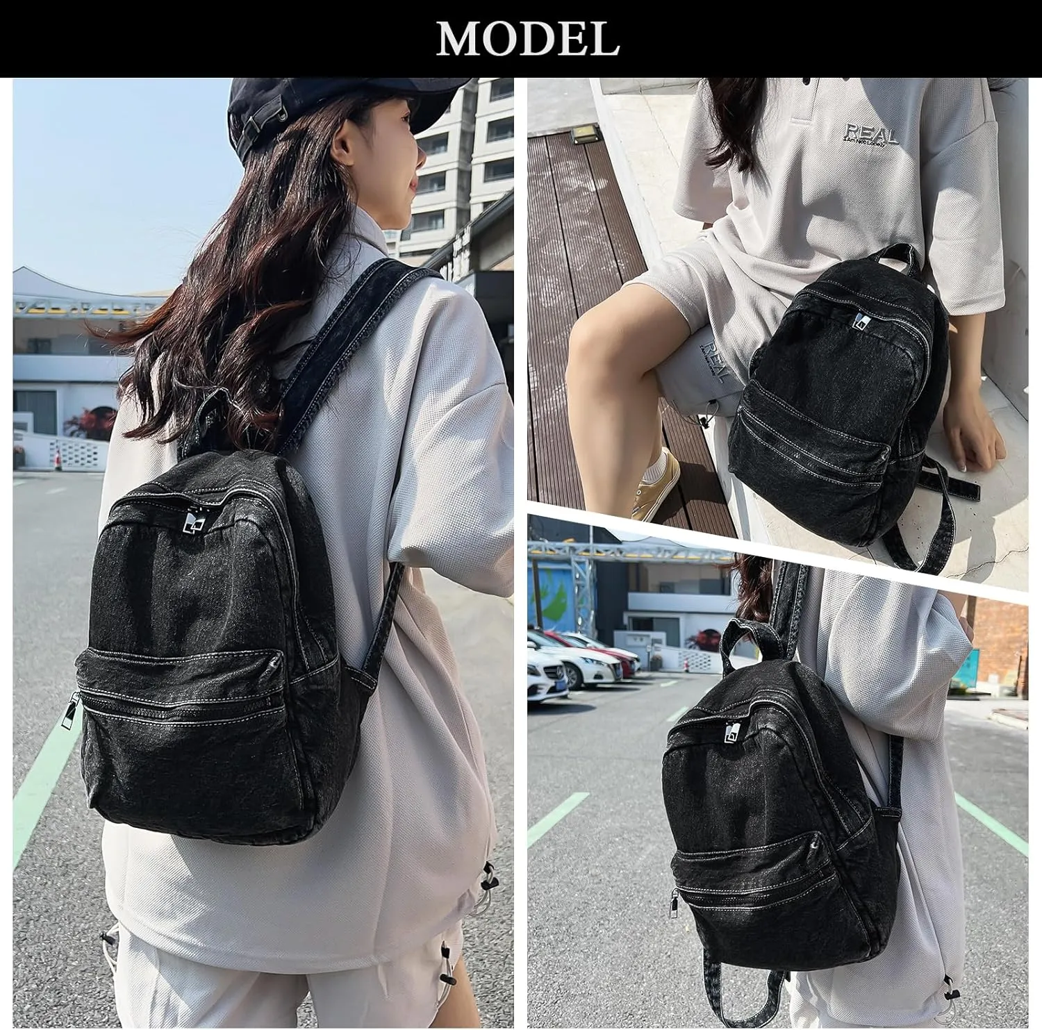 Denim Backpack Purse for Women Small Casual Jean Backpack for Travel Work, Black, One Size