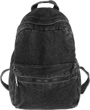 Denim Backpack Purse for Women Small Casual Jean Backpack for Travel Work, Black, One Size