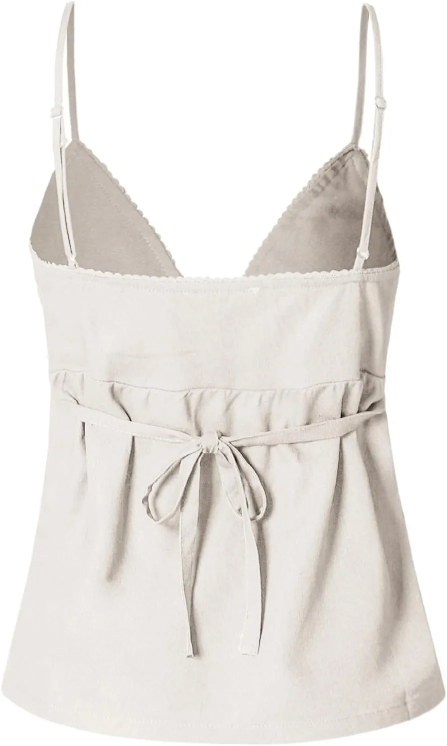 Design by Olivia Women's Casual Babydoll Sleeveless Tank Tops Tie Back Adjustable Spaghetti Straps Flowy Peplum Cami Shirt
