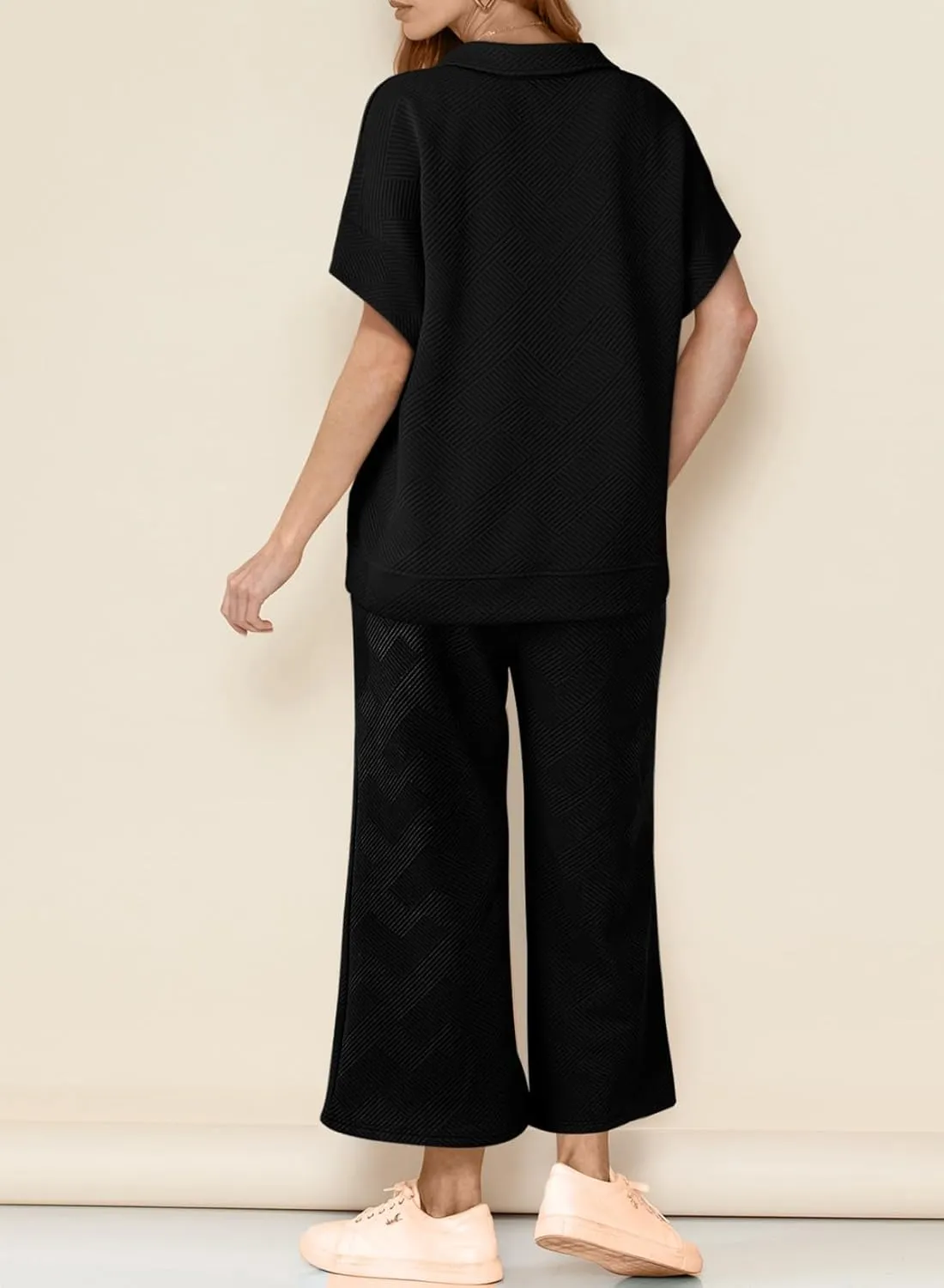 Dokotoo Women's 2 Piece Outfits Sweatsuit Casual Lapel Collar Short Sleeve Tops Drawstring Wide Leg Pant Lounge Sets