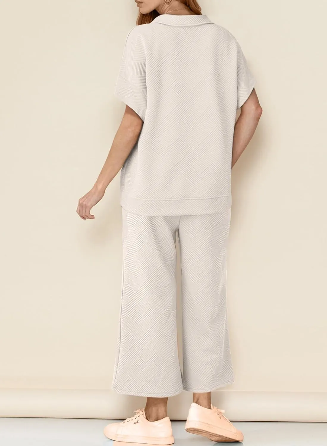 Dokotoo Women's 2 Piece Outfits Sweatsuit Casual Lapel Collar Short Sleeve Tops Drawstring Wide Leg Pant Lounge Sets