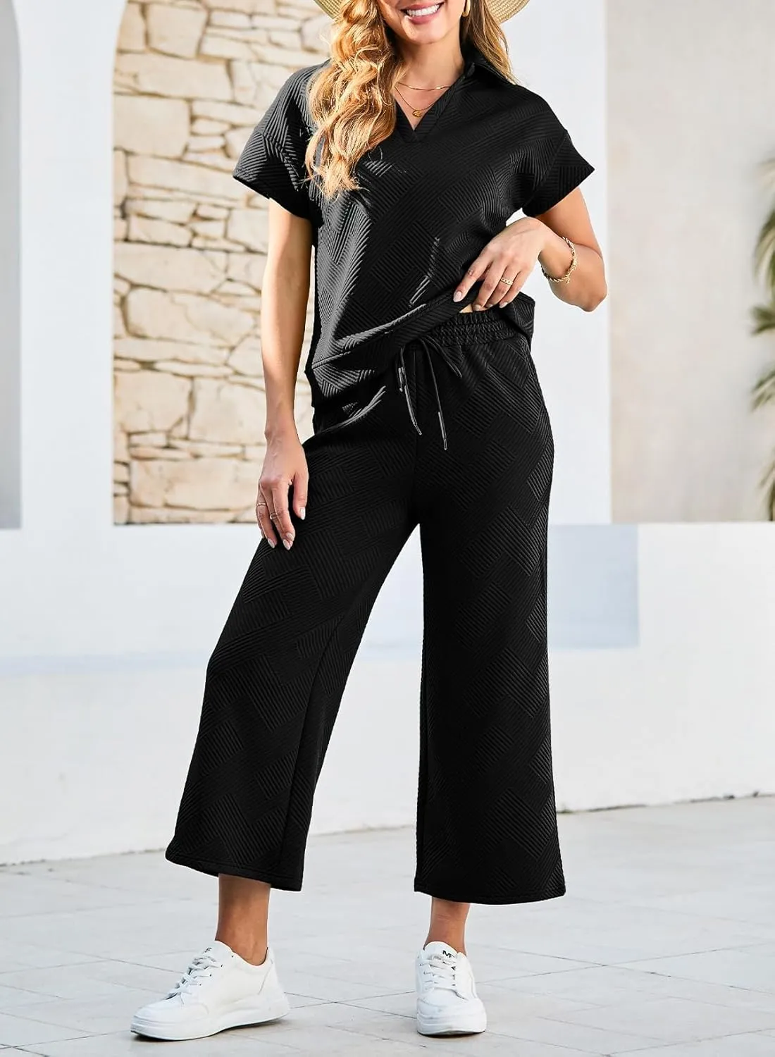 Dokotoo Women's 2 Piece Outfits Sweatsuit Casual Lapel Collar Short Sleeve Tops Drawstring Wide Leg Pant Lounge Sets