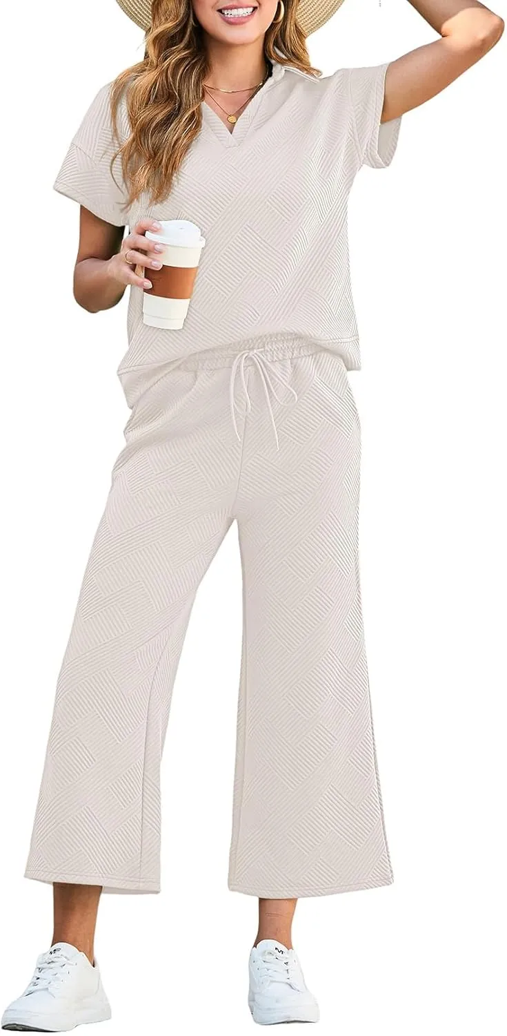 Dokotoo Women's 2 Piece Outfits Sweatsuit Casual Lapel Collar Short Sleeve Tops Drawstring Wide Leg Pant Lounge Sets