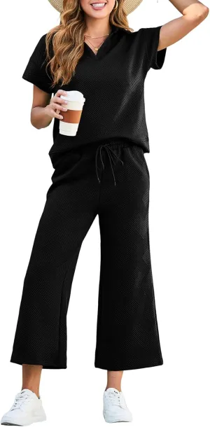 Dokotoo Women's 2 Piece Outfits Sweatsuit Casual Lapel Collar Short Sleeve Tops Drawstring Wide Leg Pant Lounge Sets