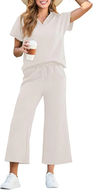 Dokotoo Women's 2 Piece Outfits Sweatsuit Casual Lapel Collar Short Sleeve Tops Drawstring Wide Leg Pant Lounge Sets