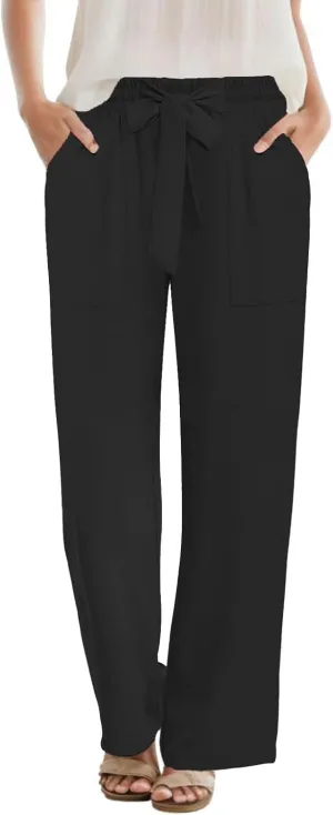 DouBCQ Women's Wide Leg Pants High Waist Flowy Tie Knot Trousers Business Casual Pants with Pockets