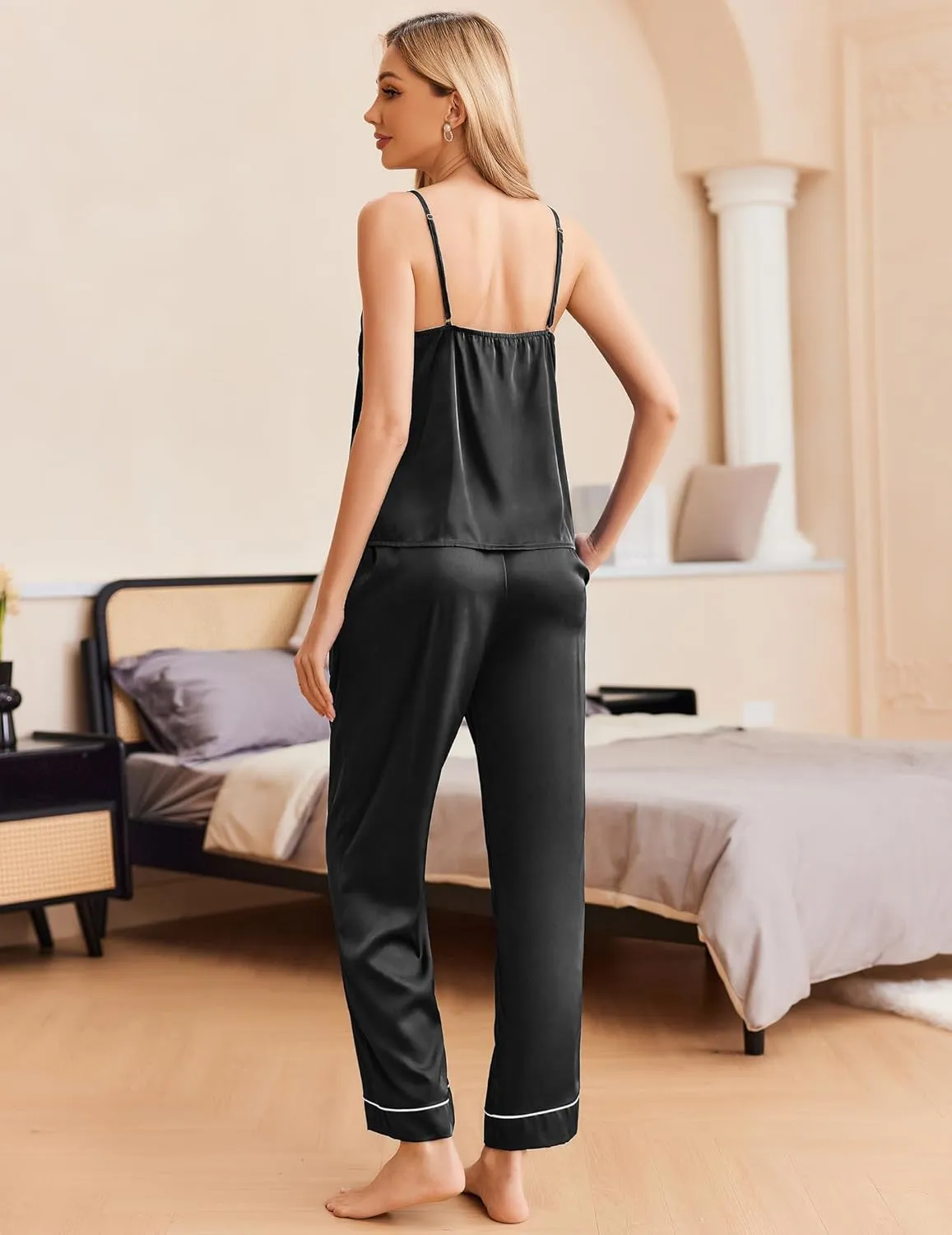 Ekouaer Women Silk Satin Pajamas Sleeveless Pjs Set 2 Piece Summer Loungewear Sleepwear with Pockets S-XXL