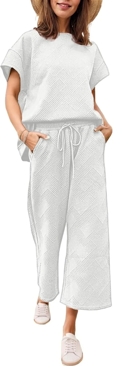 Ekouaer Womens 2 Piece Outfits Sweatsuits Casual Pullover Cap Sleeve Tops and Wide Leg Sweatpant Lounge Sets Tracksuit Set
