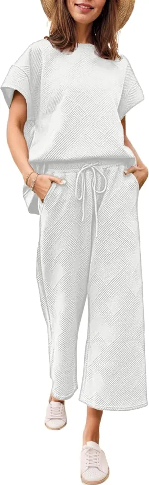 Ekouaer Womens 2 Piece Outfits Sweatsuits Casual Pullover Cap Sleeve Tops and Wide Leg Sweatpant Lounge Sets Tracksuit Set