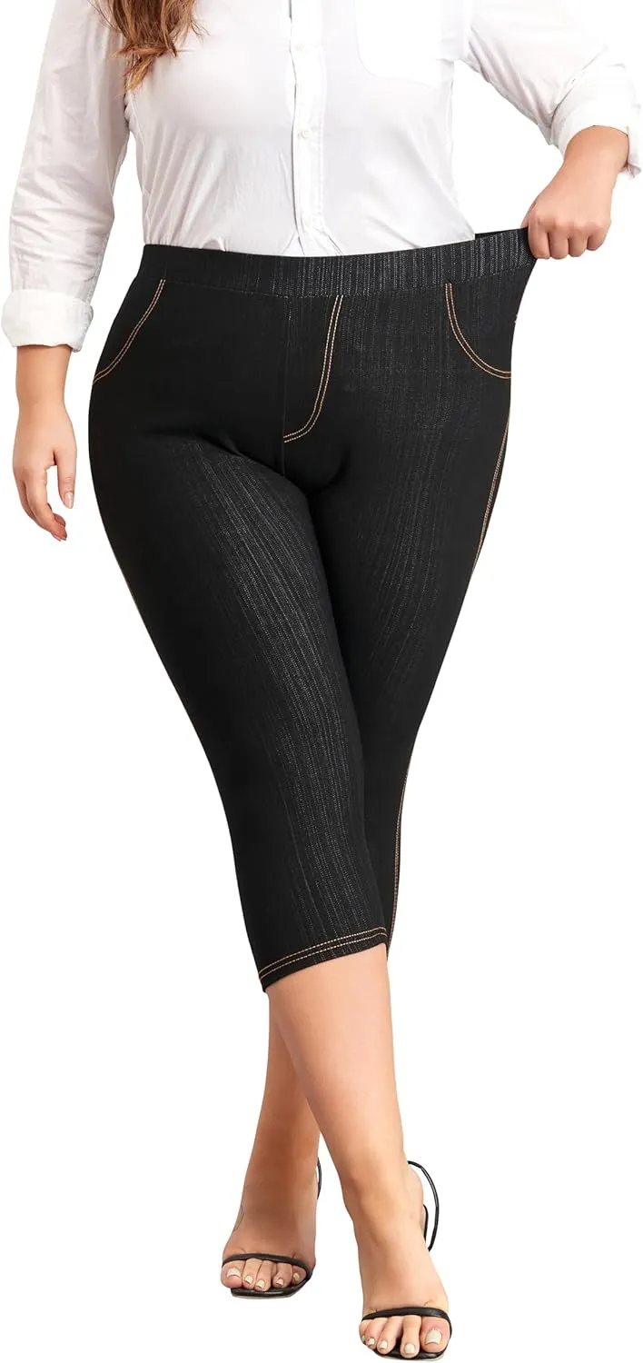 ELISS Women's Plus Size Jean Look Jeggings Stretch High Waisted Denim Skinny Pull-on Capri Pants with Pockets (1X-4X)