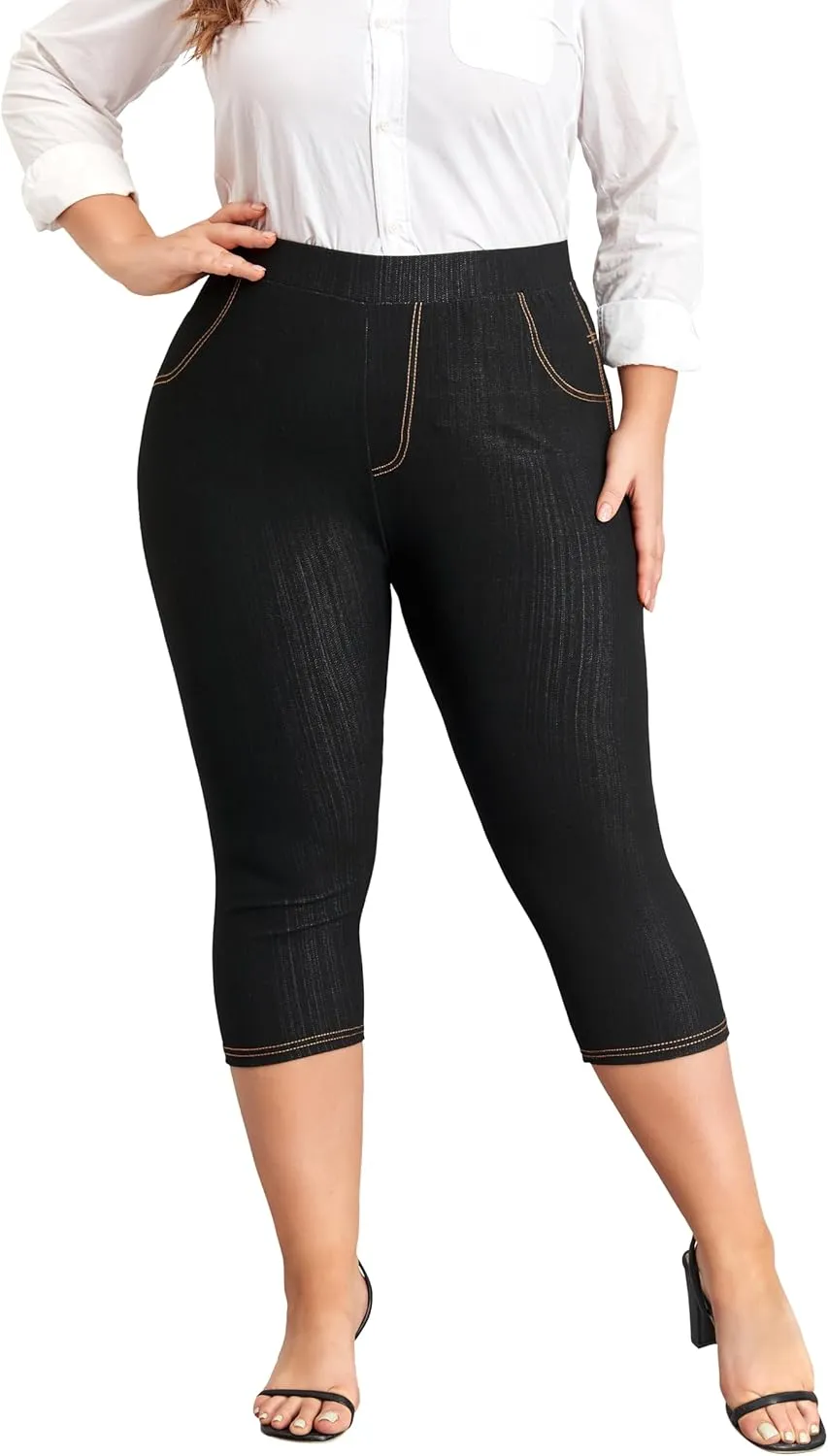 ELISS Women's Plus Size Jean Look Jeggings Stretch High Waisted Denim Skinny Pull-on Capri Pants with Pockets (1X-4X)