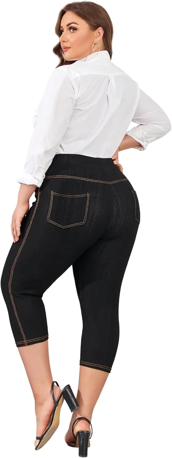 ELISS Women's Plus Size Jean Look Jeggings Stretch High Waisted Denim Skinny Pull-on Capri Pants with Pockets (1X-4X)