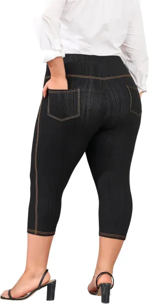 ELISS Women's Plus Size Jean Look Jeggings Stretch High Waisted Denim Skinny Pull-on Capri Pants with Pockets (1X-4X)
