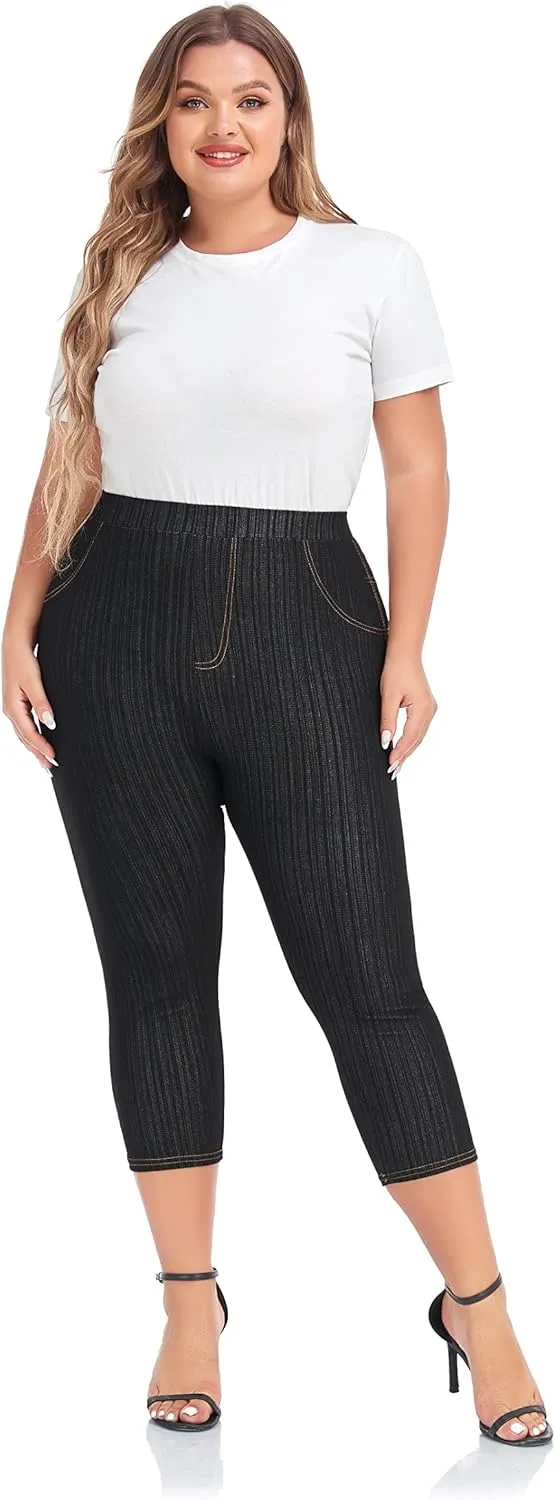 ELISS Women's Plus Size Jean Look Jeggings Stretch High Waisted Denim Skinny Pull-on Capri Pants with Pockets (1X-4X)