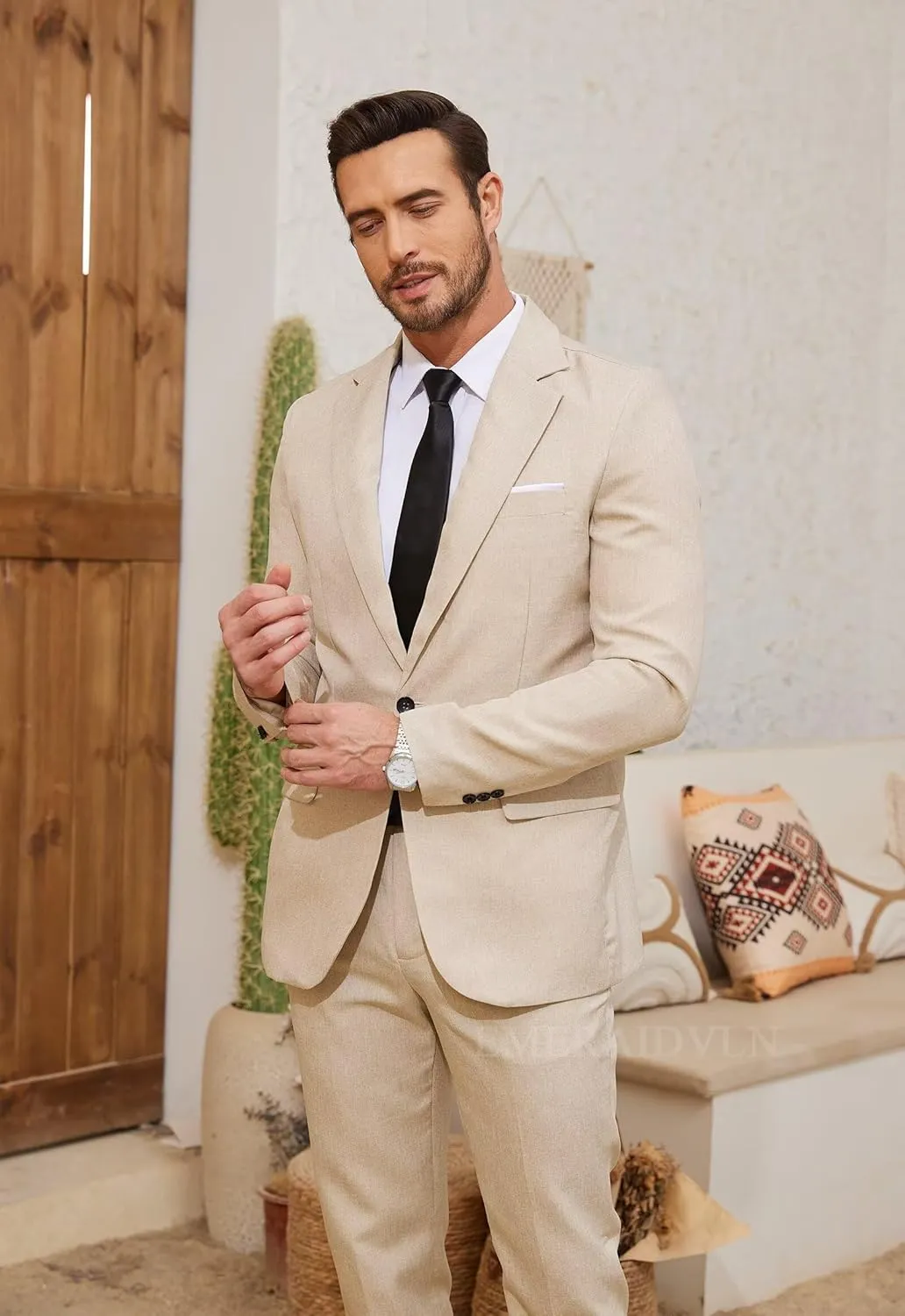 EMERAIDVLN Men's 2 Piece Suits Slim Fit Casual Lightweight Suit Set 2 Button Linen Textured Blazer Suit Jacket Pants Set